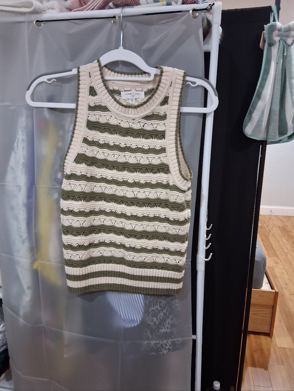 Habitual Olive & Cream Striped Knit Sleeveless V-Neck Sweater Vest